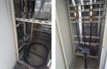 キュービクル内に配線した新しい高圧ケーブル（左）と、端末処理をしたケーブルの接続部（右）