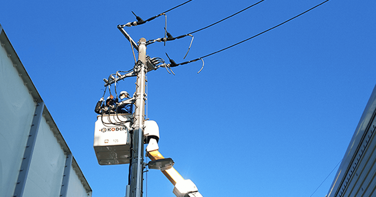 青空の下、電柱のバケットで作業員2人が高圧配線を点検する様子