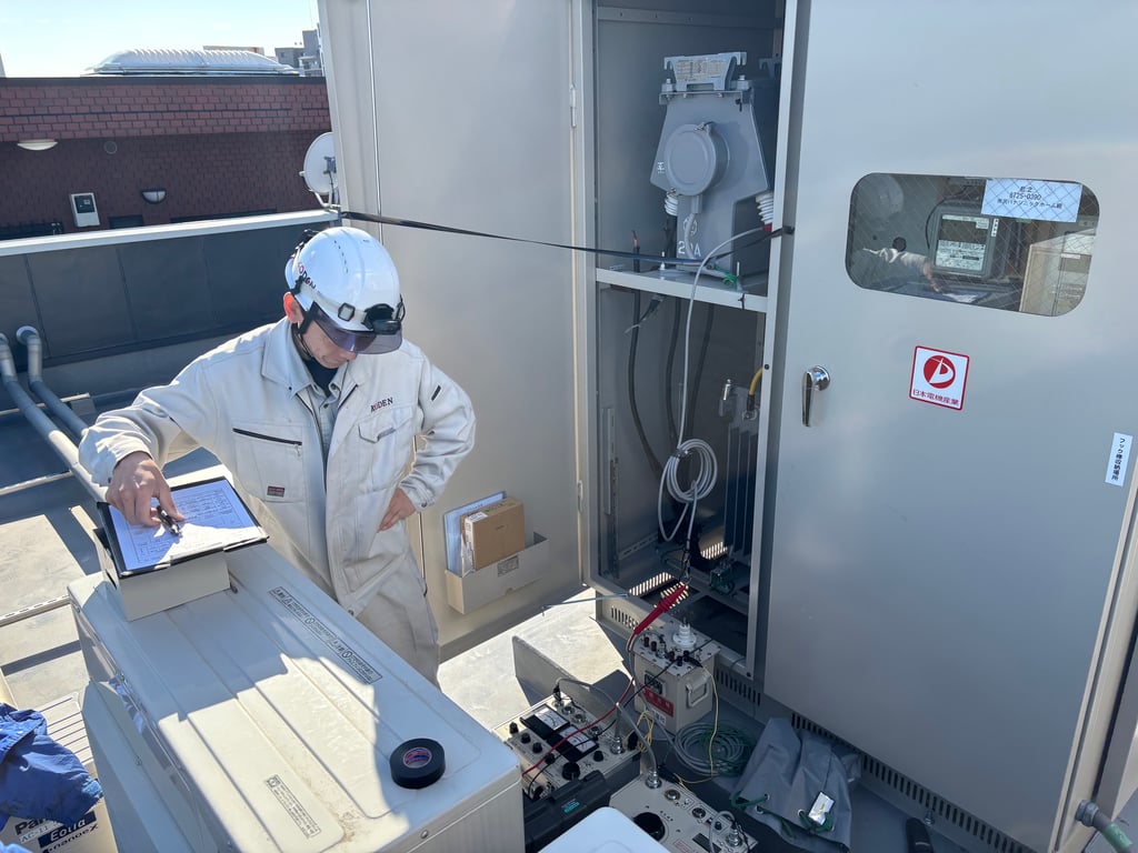 屋上でキュービクルの試験結果を記録する恒電社の作業員