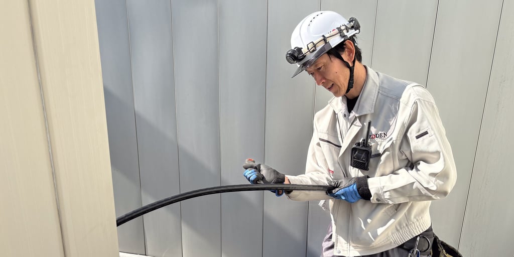 KODENの作業服を着た作業員がケーブルの端末処理を行う様子