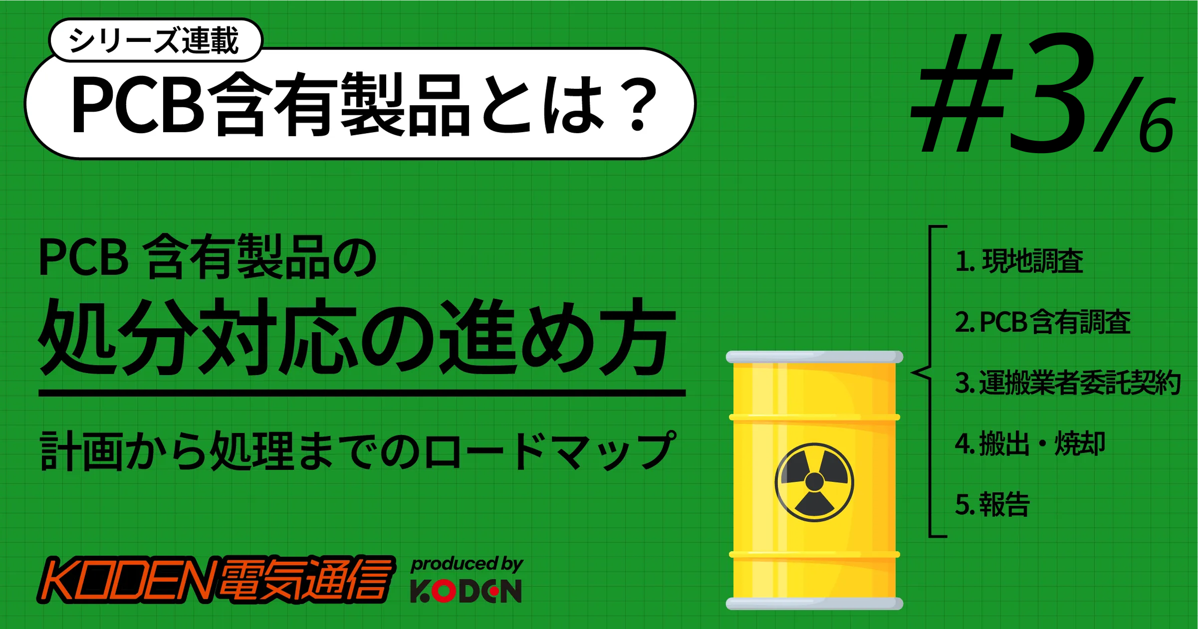 PCB含有製品の処分対応(現地調査から報告までの5ステップ)を示す図解バナー #3/6
