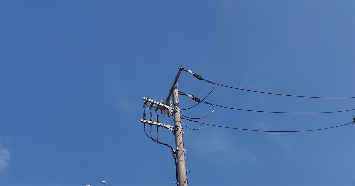 青空を背景にした電柱上部の碍子と高圧線