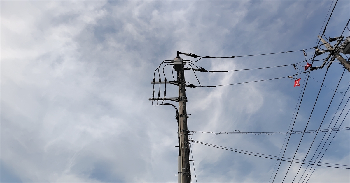電柱の開閉器と配線、赤い目印が下がる様子