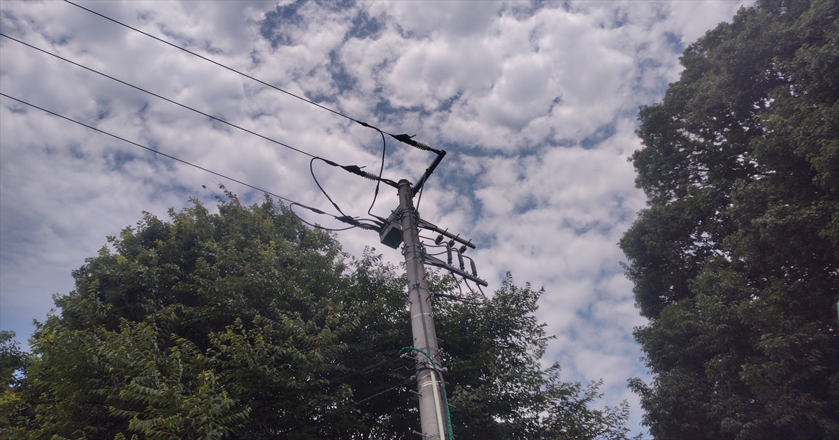 施工現場の電柱と高圧架空線（空を背景にした全景）