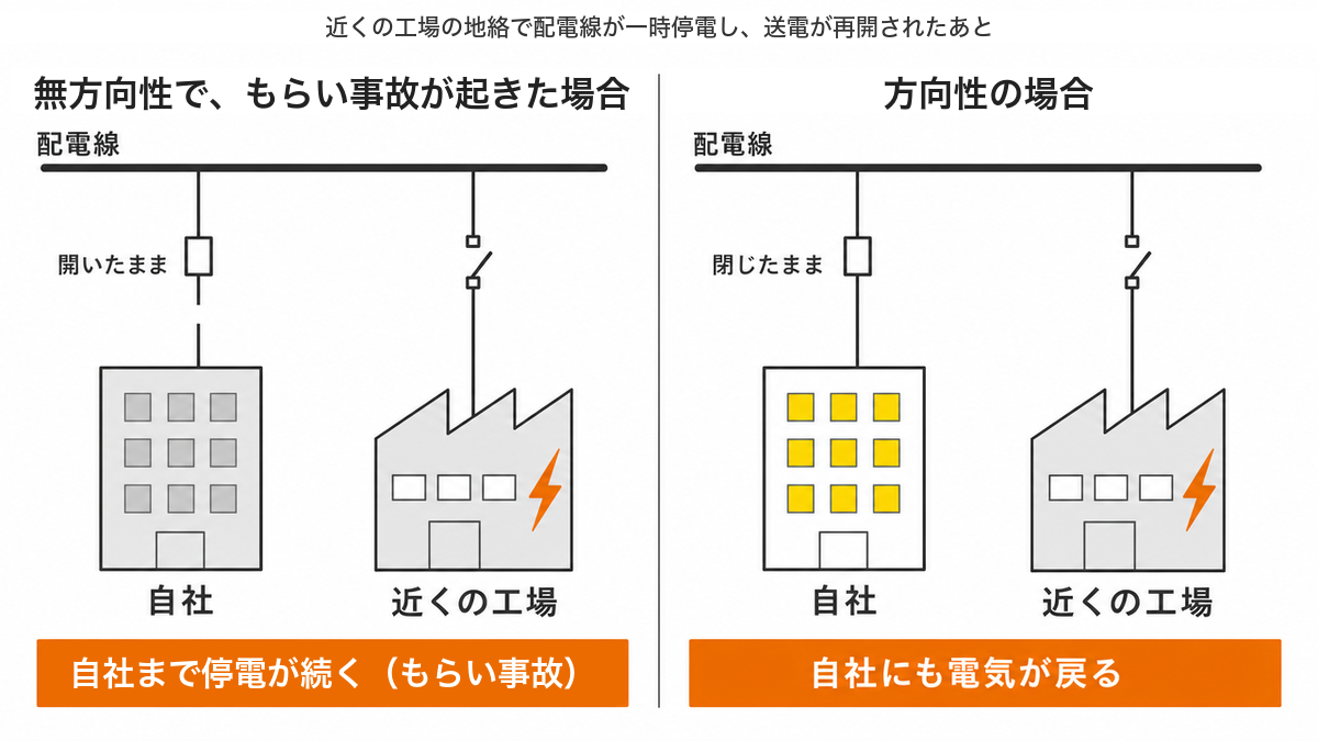 近くの工場の地絡で配電線が一時停電し、送電が再開されたあとの比較図。無方向性で、もらい事故が起きた場合は自社の区分開閉器が開いたままで自社まで停電が続く(もらい事故)。方向性の場合は自社の区分開閉器が閉じたままで自社にも電気が戻る(設定が適切で、装置が正常に動き、構内の設備が電気を受けられる状態の場合)